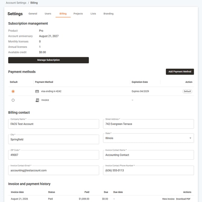 Account Settings - Billing page layout